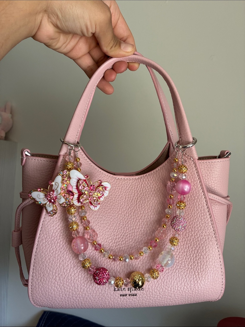 Pink Twin Butterfly Crystal Charm Beaded Bag Chain - Picture 1 of 2